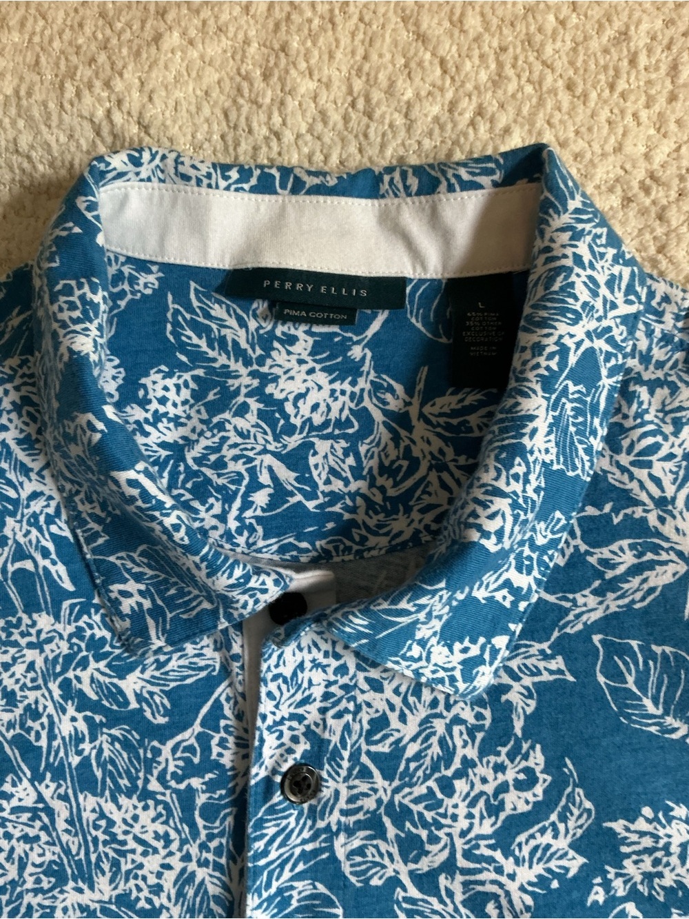Perry Ellis Blue and White Floral Print Polo